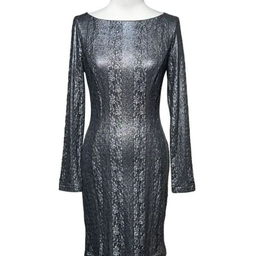 Cache Long Sleeve Grey Metallic Sheath Dress Size 2